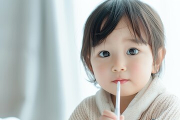 Asian child with flushed cheeks and a thermometer, Virus in children, Fever symptom
