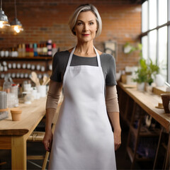 woman chef in the kitchen, apron mockup, white apron mockup, woman, cooking, kitchen
