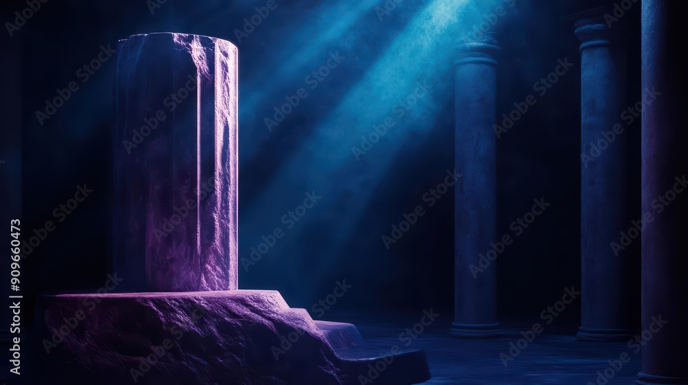 Poster a mystical stone pedestal illuminated by ethereal light, surrounded by ancient columns, creating a s