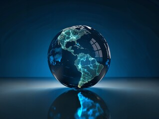 A digital representation of a glowing blue globe against a dark background, creating a futuristic and high-tech visual.