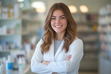 Smiling young female pharmacist in pharmacy