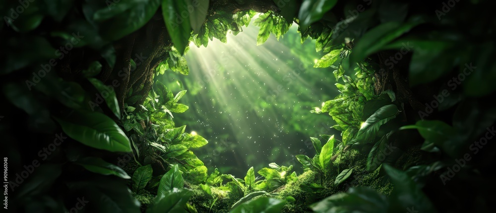 Poster a serene view of sunlight filtering through lush green leaves, creating a tranquil atmosphere in a n
