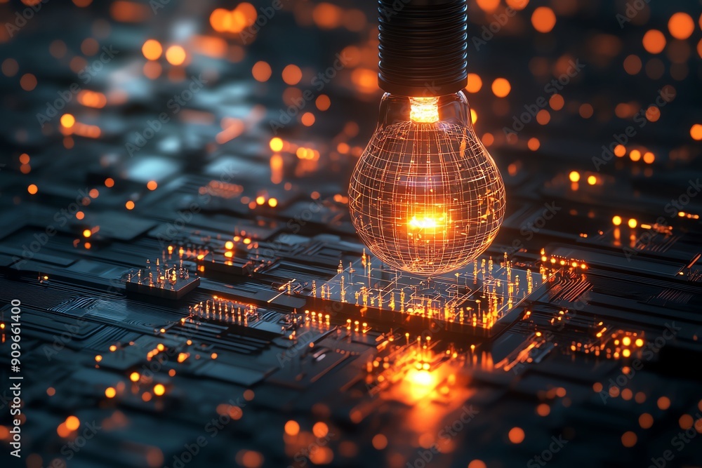 Poster Lightbulb illuminating a circuit board.