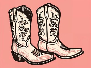 An illustration of a pair of cowboy boots with intricate patterns, set against a pink background, creating a bold and stylish visual.