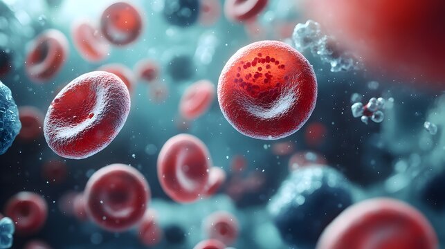 Creative poster depicting anemia with a mix of different cells in the body, emphasizing the lack of red blood cells on a medical-themed background