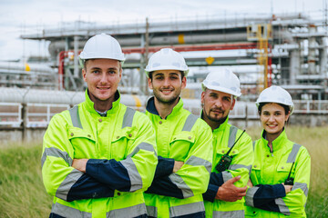 Group of oil and gas refinery engineer people worker standing happy smile, Smart expert teamwork together in petroleum industry.