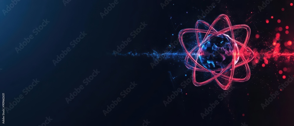 Poster abstract depiction of atomic structure with vibrant colored particles representing energy and scienc