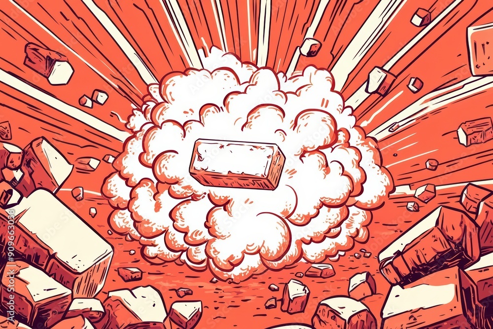 Poster an explosive graphic showing a block bursting through thick clouds of dust and debris in vibrant col