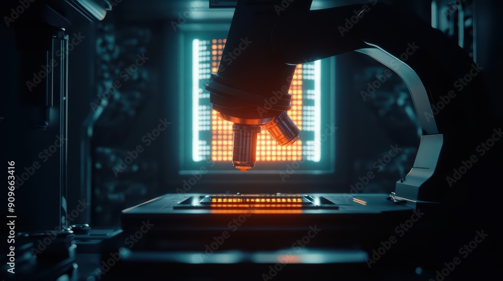 Aufkleber close-up of a microscope in a dark lab, featuring illuminated digital display and intricate componen