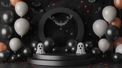 Obraz premium Podium for Halloween with ballloon,ghost, candle,pumpkin and bat,poster flyer design,halloween banner. Happy halloween minimal scene for products showcase, Promotional display,Stage for product.