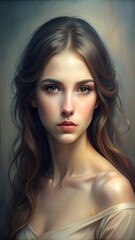 Fototapeta premium Portrait of a Young Woman with Long Hair and Soft Lighting, Elegant and Serene