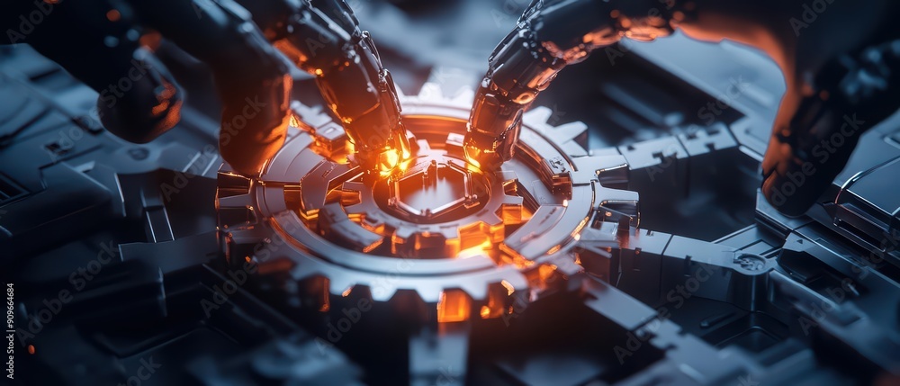 Poster futuristic robotic hands manipulating glowing gears in a high-tech environment, showcasing innovatio