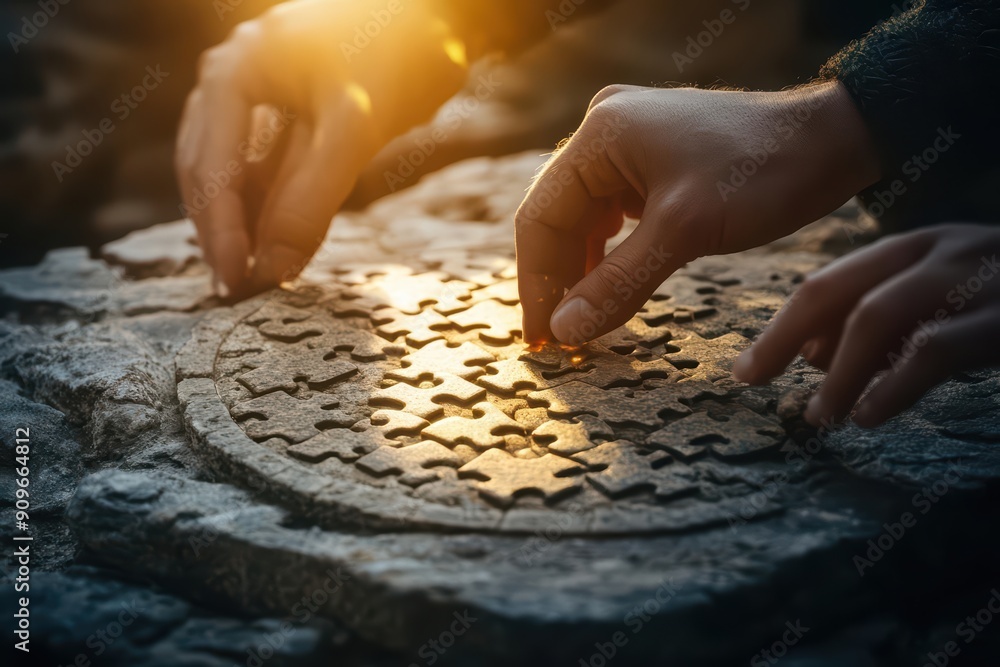 Poster hands placing puzzle pieces in warm sunlight, symbolizing teamwork and problem-solving in a tranquil