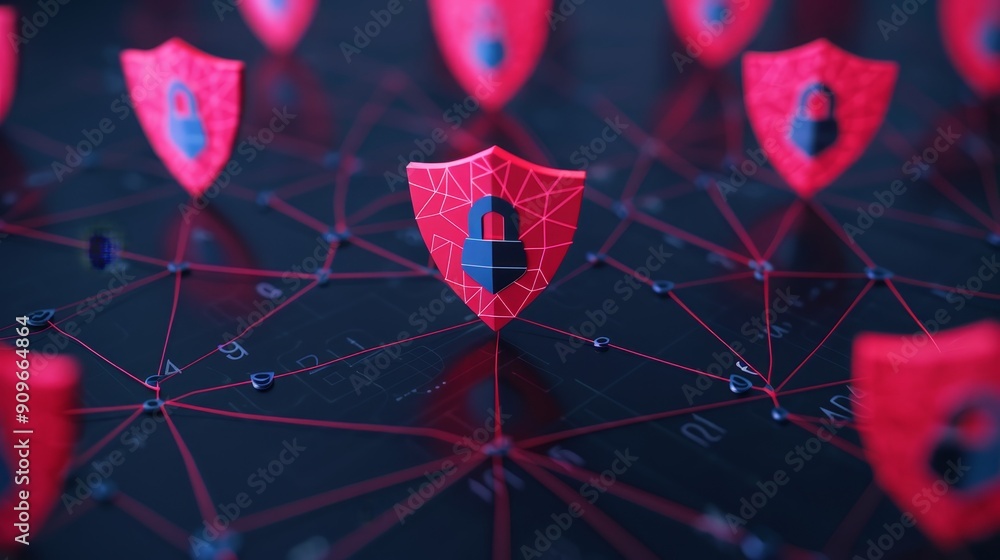 Poster cybersecurity network protection concept - red and blue shields with lock symbol on digital network 
