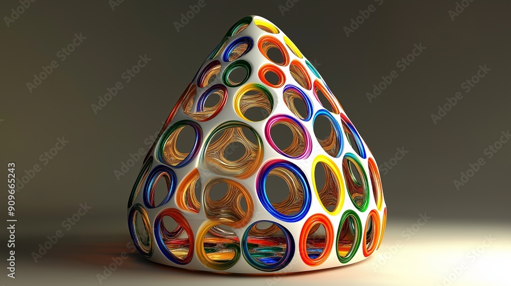 Poster a colorful, multi-colored object with many holes in it. the object is made of many different colored