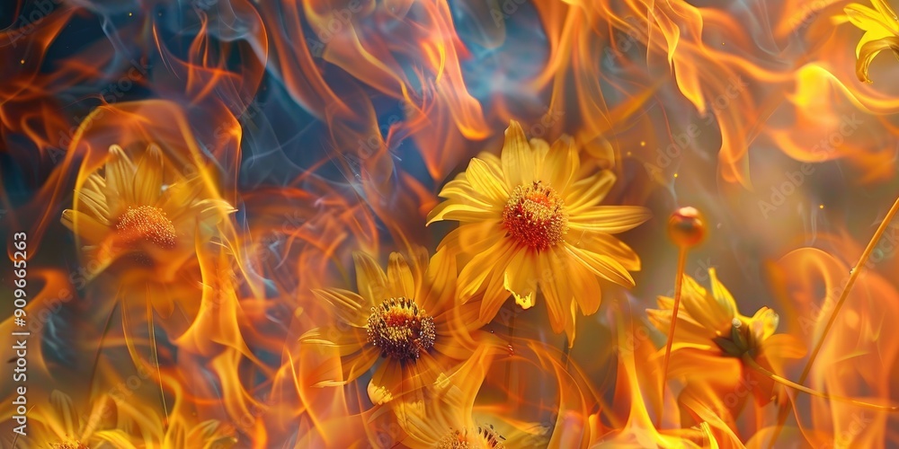 Sticker Colorful Culture Yellow Flowers in Fiery Flames