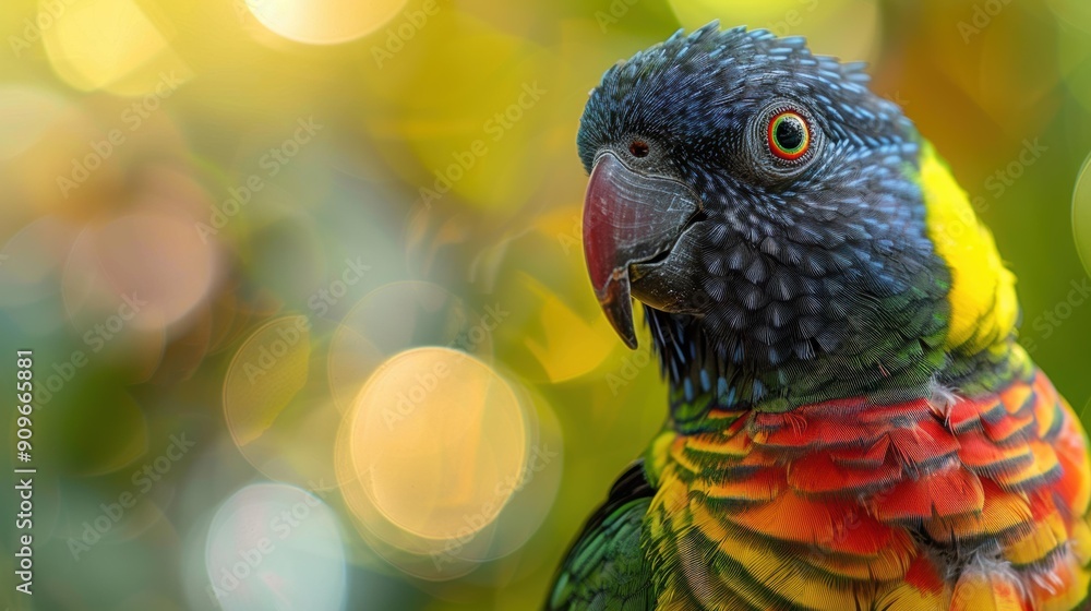 Poster a colorful bird with bright feathers and a sharp beak. ai.