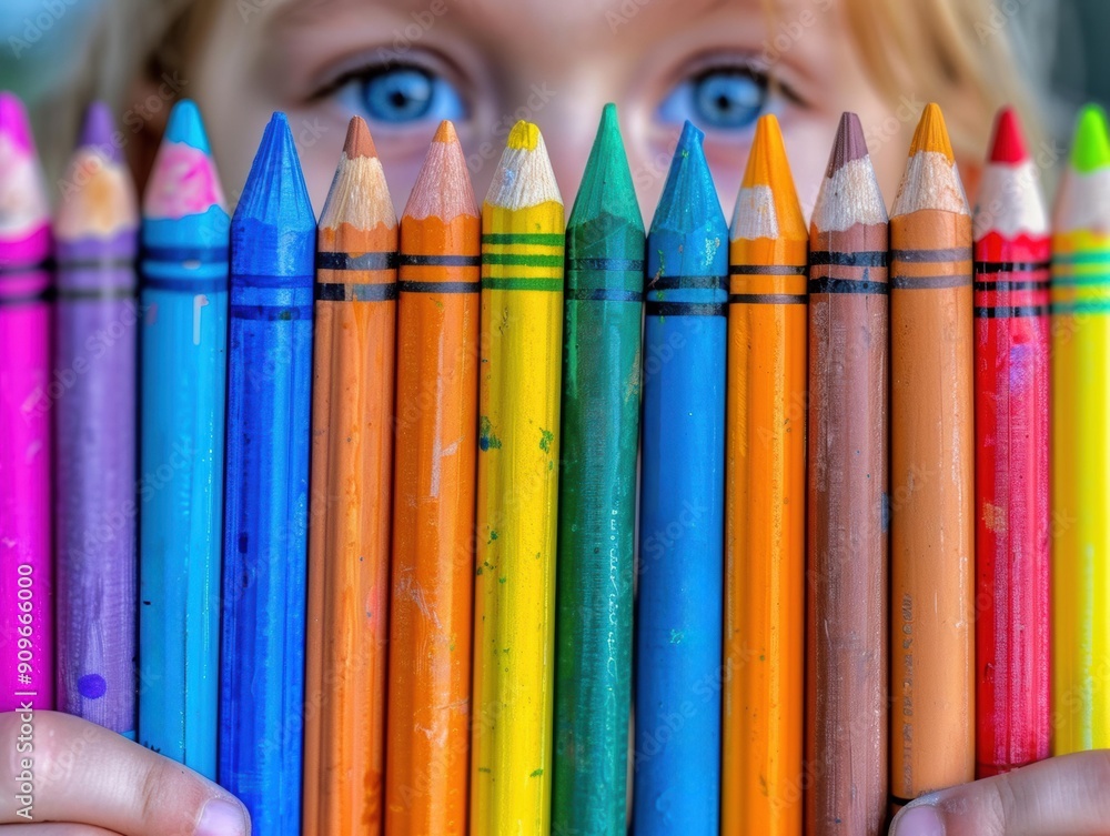 Wall mural A child's eye peeks over a row of colorful pencils. AI.