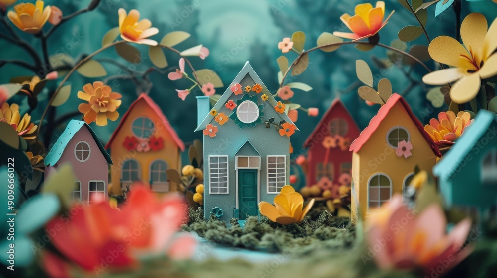 Poster A miniature village of colorful houses surrounded by paper flowers. AI.