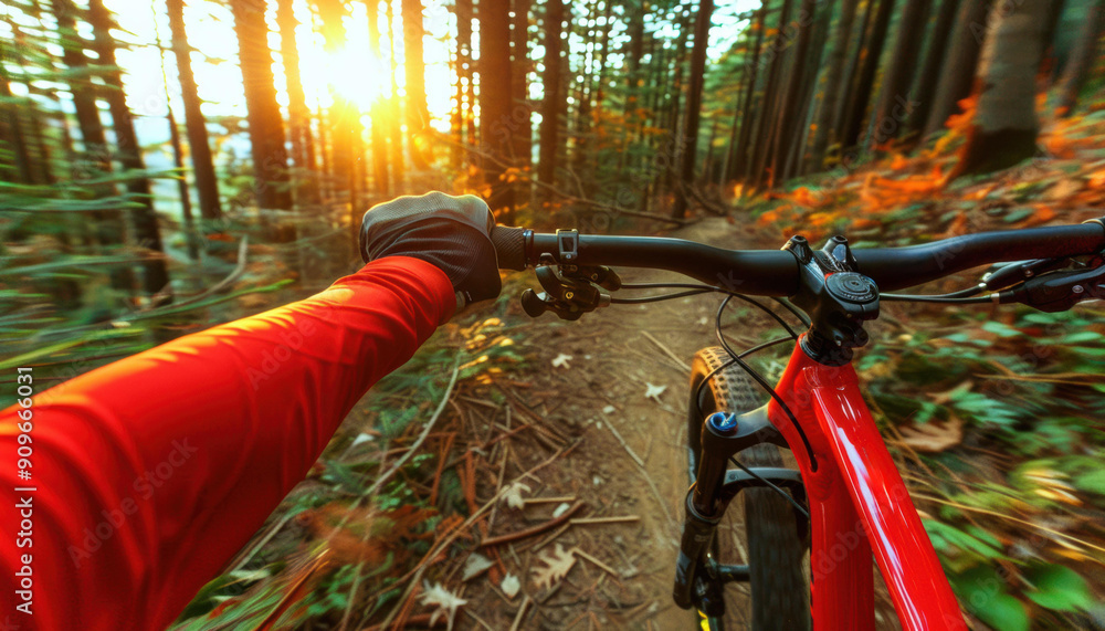 Poster Mountain biking through the forest at sunset. AI.