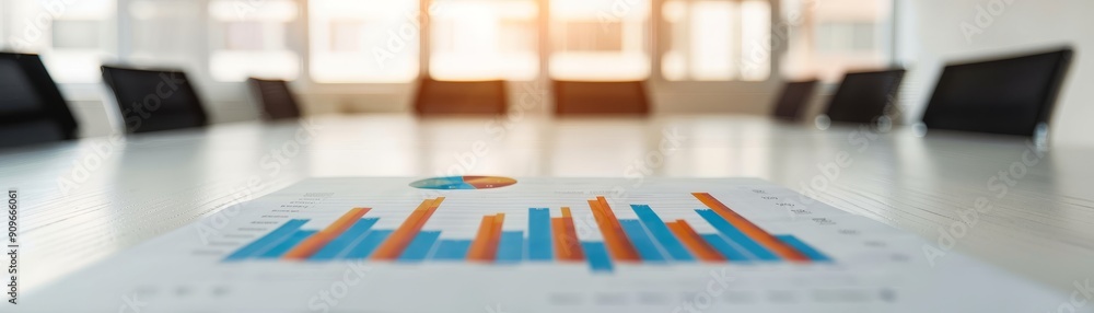 Poster business meeting table with financial data chart and pie chart on white table with blurred chairs an
