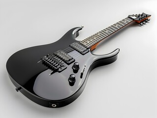 Obraz premium Sleek Black Electric Guitar with Glossy Finish on White Background