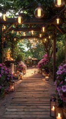 Obraz premium A wooden path lined with lanterns leads through a beautiful garden with string lights. AI.