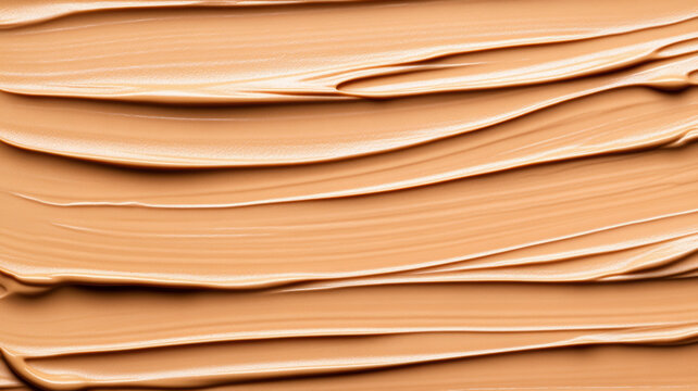 Closeup of a concealer texture background in a trendy light caramel tone, featuring smooth, even coverage with light reflections 