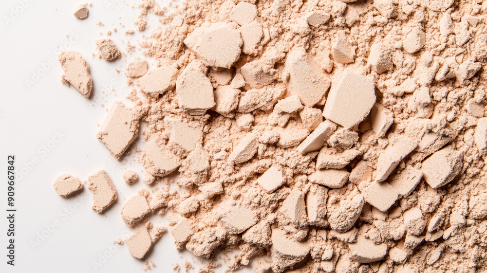 Poster closeup of a face powder texture background with fine, smooth particles in a soft beige shade, featu