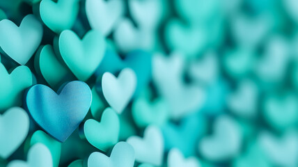 Closeup of a gradient World Mental Health Day background with a gentle transition from green to blue, featuring faint heart shapes and ribbon symbols 