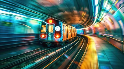 Creative zoom effect photo of a NYC subway train at a station. copy space for text.