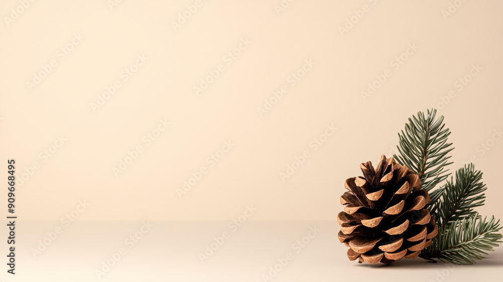 Poster closeup of a minimalist composition with a single pinecone and a few leaves on a light background