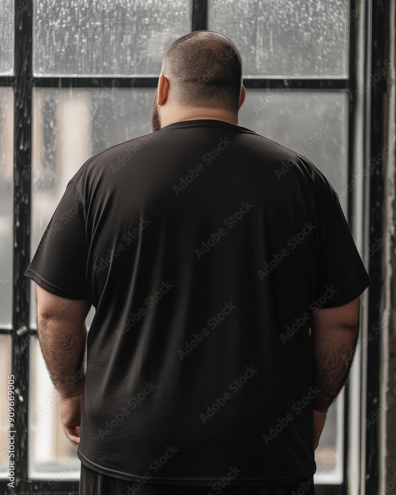 Wall mural Full-figured model showcases black t-shirt style beside rainy window