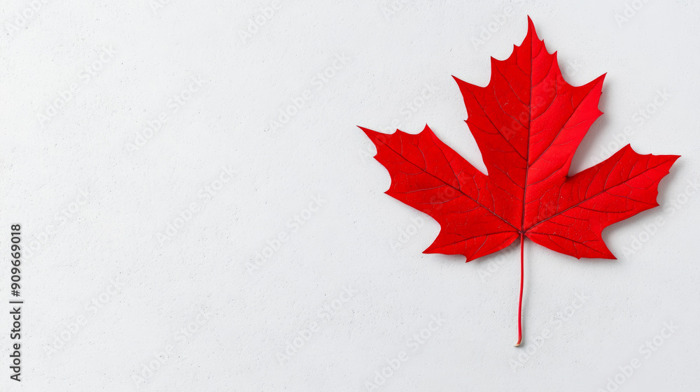 Poster closeup of a single red maple leaf on a plain, textured background creating a simple, elegant look