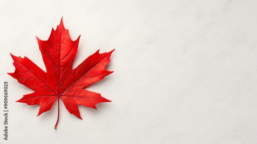 Poster closeup of a single red maple leaf on a plain, textured background creating a simple, elegant look