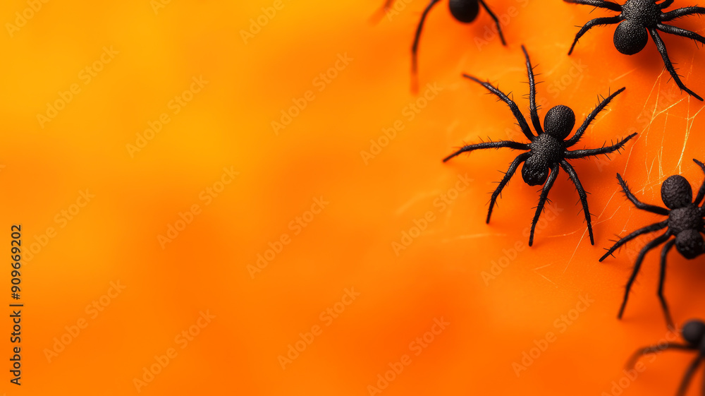 Poster closeup of a soft orange to black gradient background with subtle ghost and spider motifs