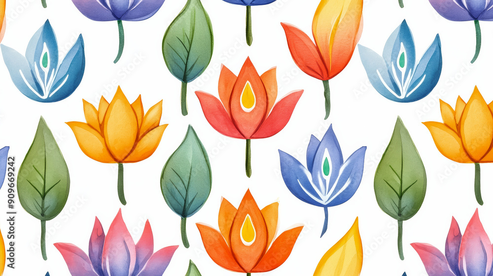 Poster Closeup of a watercolor Diwali pattern with diyas, rangoli designs, and lotus flowers in vibrant colors on a white background 