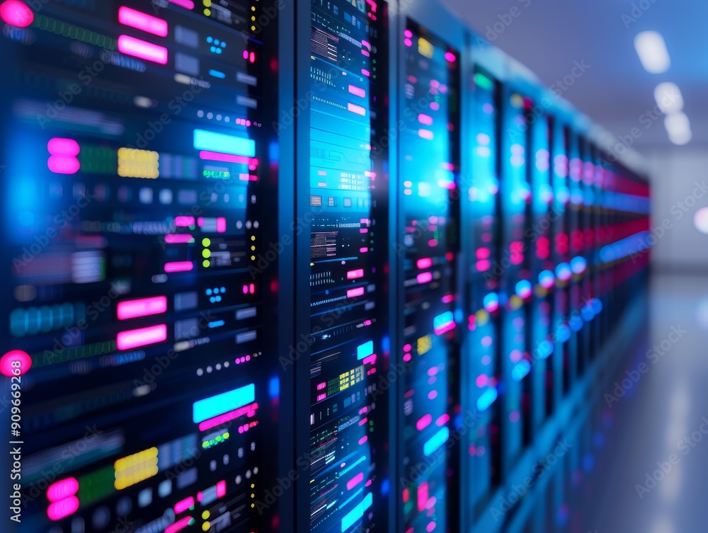 Poster modern data center server racks with colorful lighted displays in a clean and well-lit environment.
