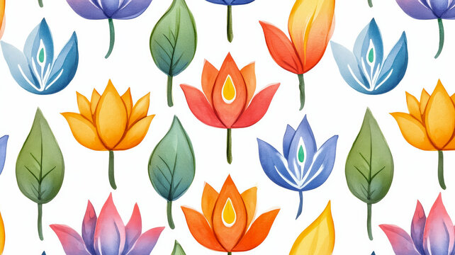 Closeup of a watercolor Diwali pattern with diyas, rangoli designs, and lotus flowers in vibrant colors on a white background 