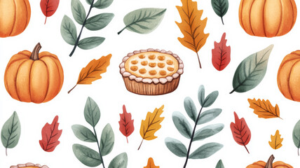 Closeup of a whimsical watercolor Thanksgiving pattern with pies, pumpkins, and leaves on a white background 