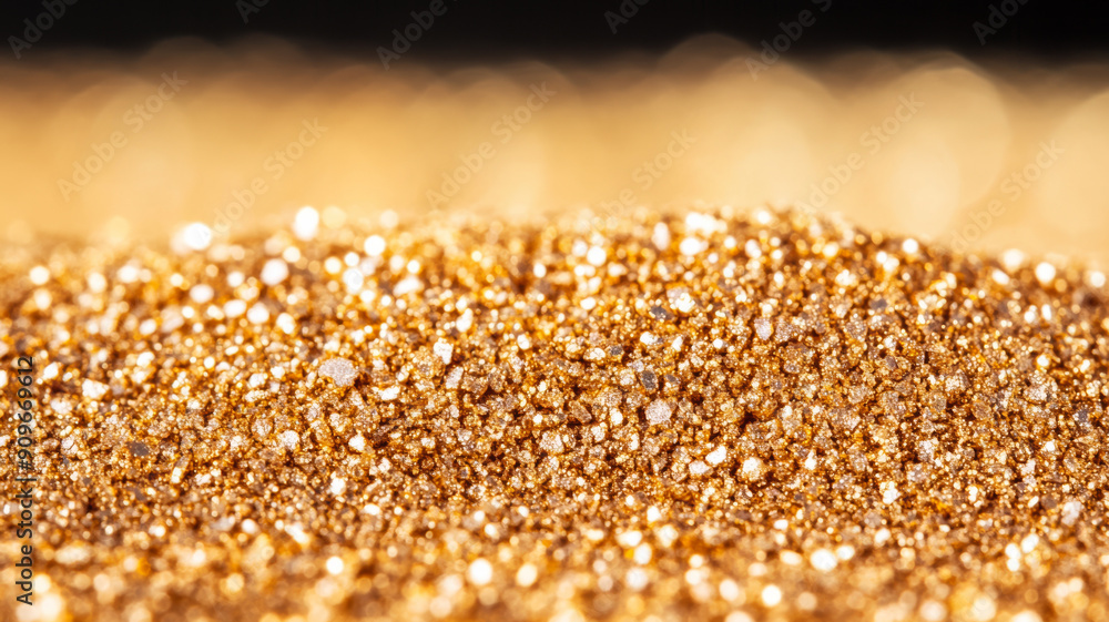 Poster closeup of an eyeshadow texture background with shimmering particles in a metallic gold shade, displ