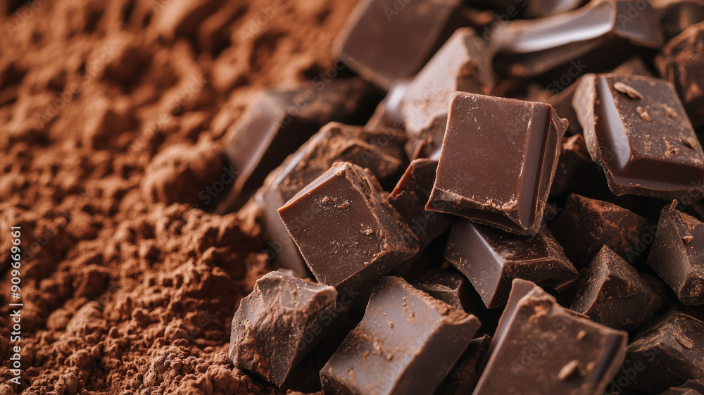 Poster closeup of dark chocolate chunks and cocoa powder background with rich brown tones and a slight dust