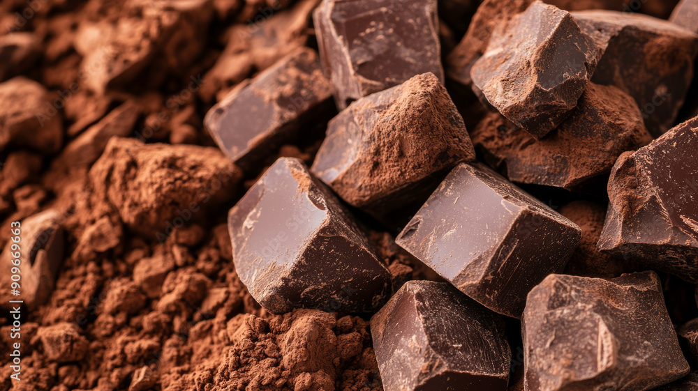 Poster closeup of dark chocolate chunks and cocoa powder background with rich brown tones and a slight dust