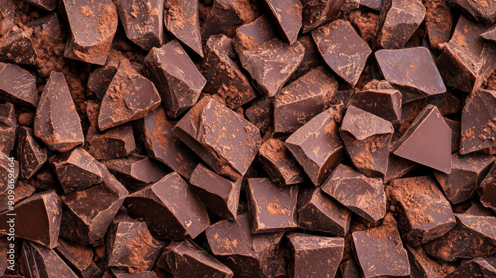 Poster closeup of dark chocolate chunks and cocoa powder background with rich brown tones and a slight dust