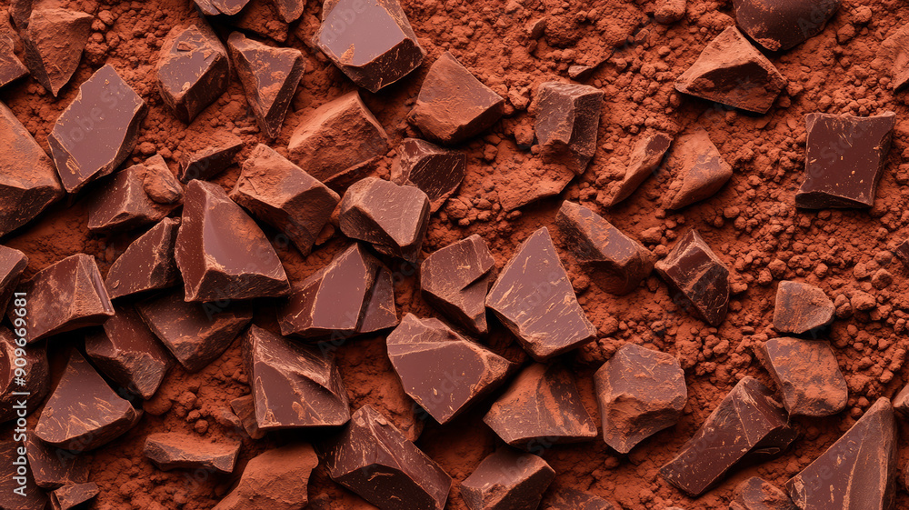 Poster closeup of dark chocolate chunks and cocoa powder texture background with rich brown tones and a sli