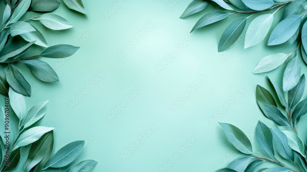 Poster overhead view of a green to blue gradient background with delicate floral and ribbon patterns, evoki