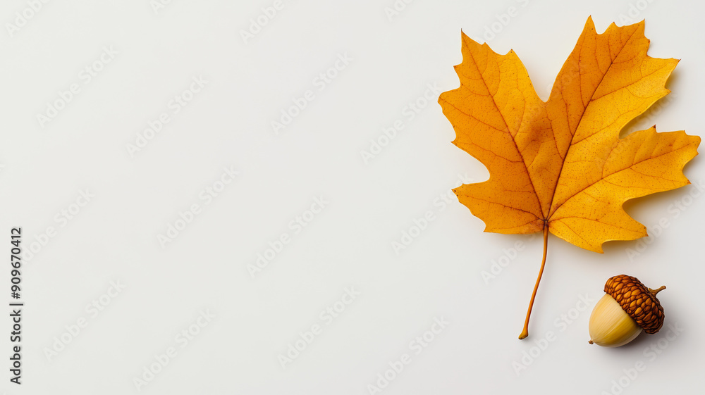 Poster overhead view of a minimalist fall scene with a single yellow leaf and acorn on a soft white backgro