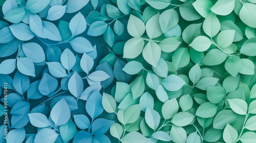 Poster overhead view of a green to blue gradient background with delicate floral and ribbon patterns, evoki
