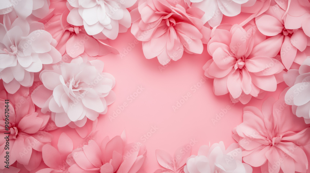 Poster overhead view of a pink to white gradient background with delicate floral and ribbon patterns, evoki
