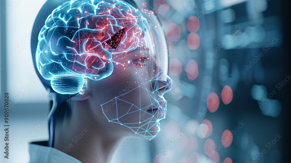 Poster ultra-clear shot of a brain-computer interface in use, neural activity visualization,